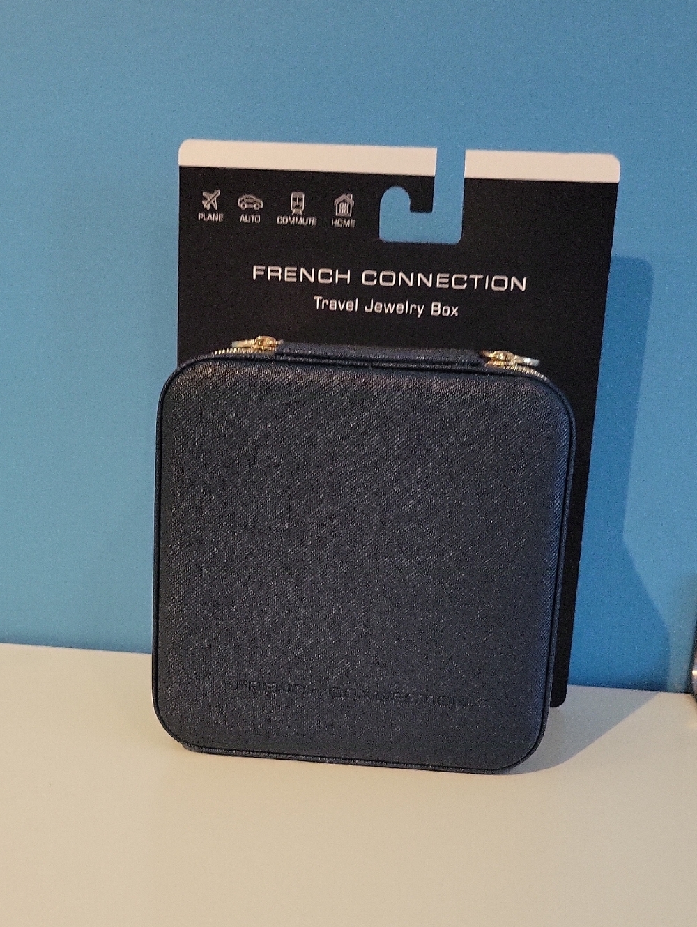 French Connection Navy Travel Jewelry Box with Gold Zipper Accents